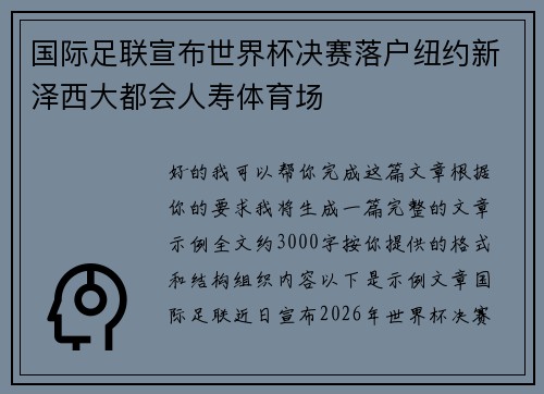 国际足联宣布世界杯决赛落户纽约新泽西大都会人寿体育场