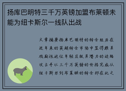 扬库巴明特三千万英镑加盟布莱顿未能为纽卡斯尔一线队出战