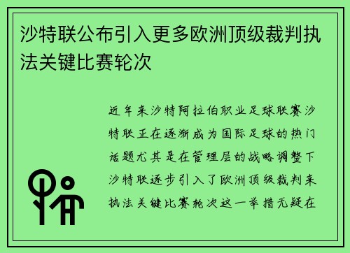 沙特联公布引入更多欧洲顶级裁判执法关键比赛轮次 沙特联公布引入更多欧洲顶级裁判执法关键比赛轮次